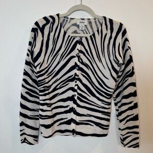 Neiman Marcus Cashmere Cardigan Animal Print Tiger Zebra Size M Ivory Black